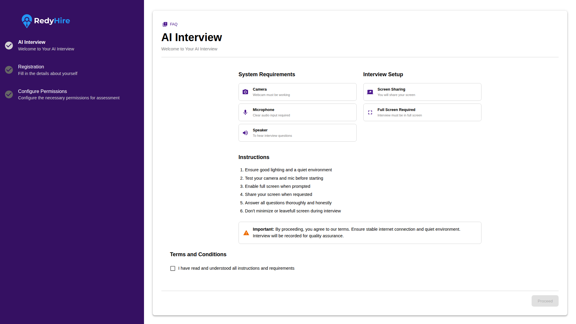 AI interview instructions page showing system requirements, interview setup requirements, instructions, and a Proceed button.