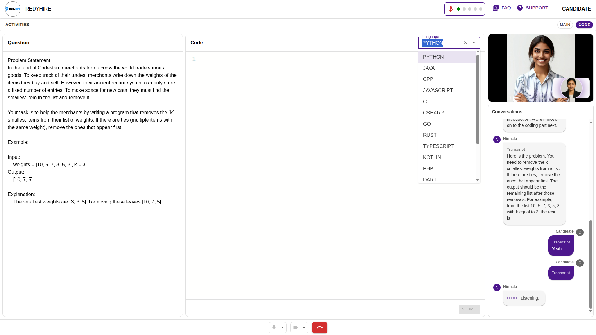 AI interview coding screen with the language selector open and transcript messages visible on the right.