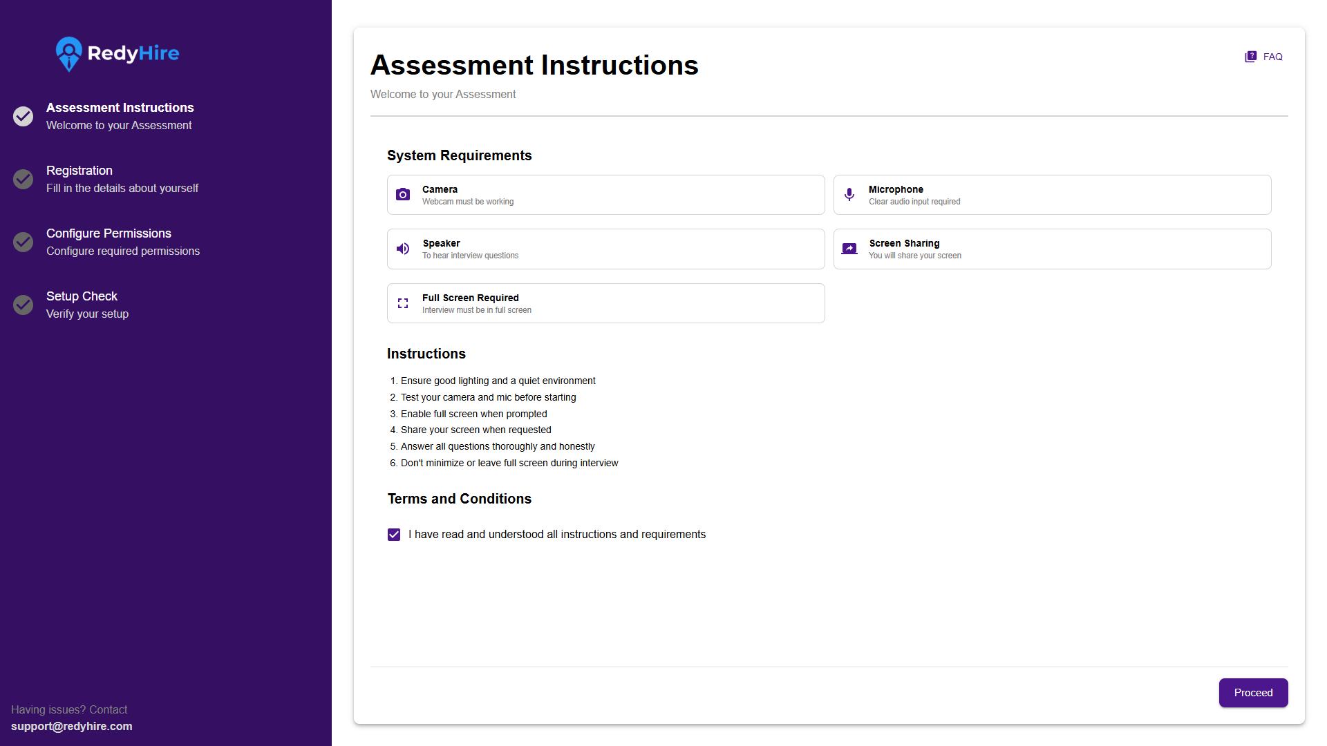 Assessment instructions page with system requirements, rules, and a Proceed button.