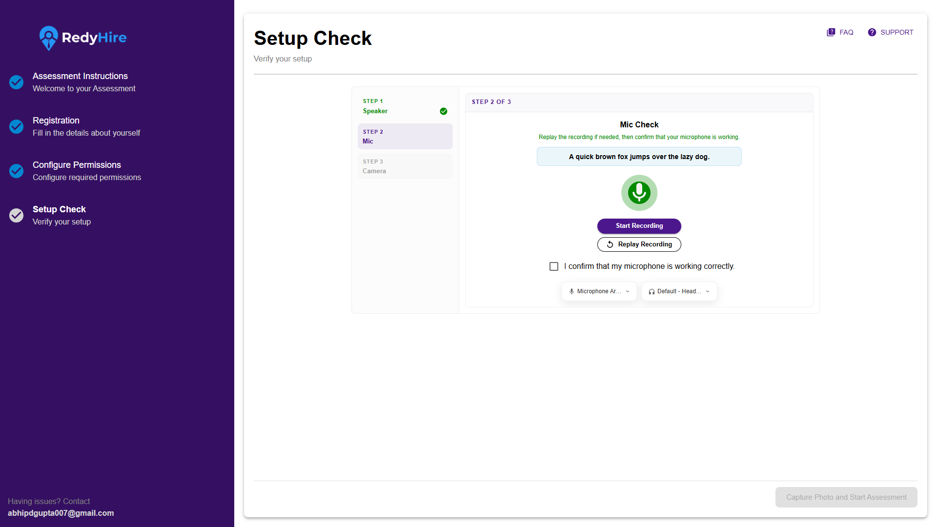 Mic Check screen with sample sentence, recording buttons, and microphone confirmation checkbox.