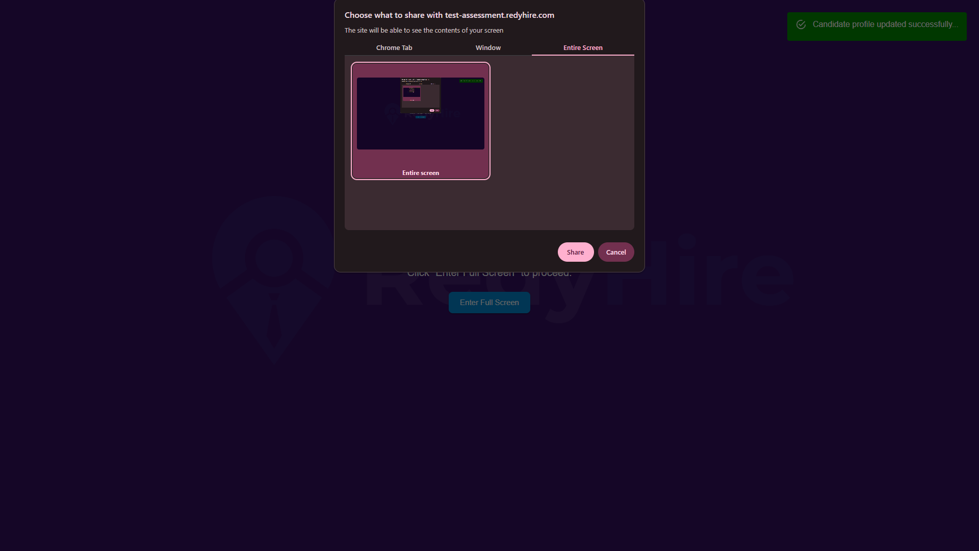 Browser screen-sharing dialog with Entire Screen selected and a Share button.