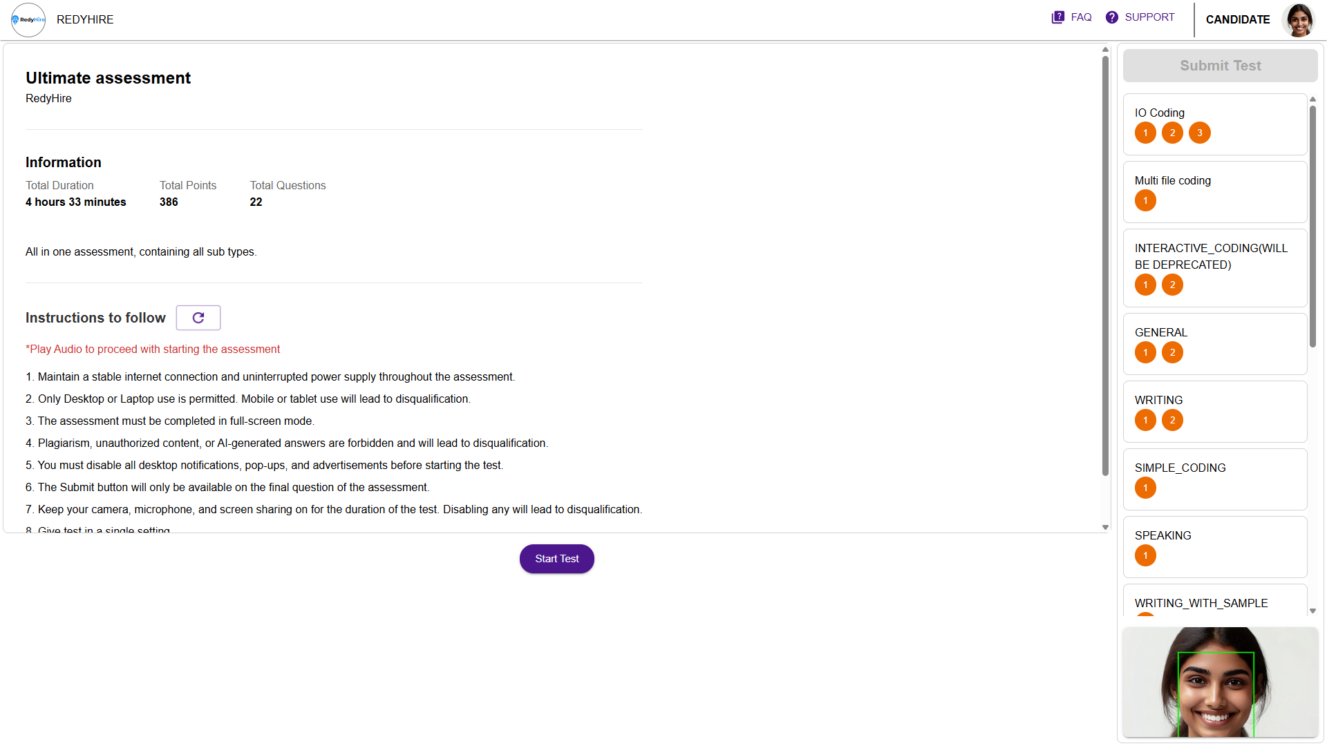 Assessment landing screen with test details, instructions, and a Start Test button.