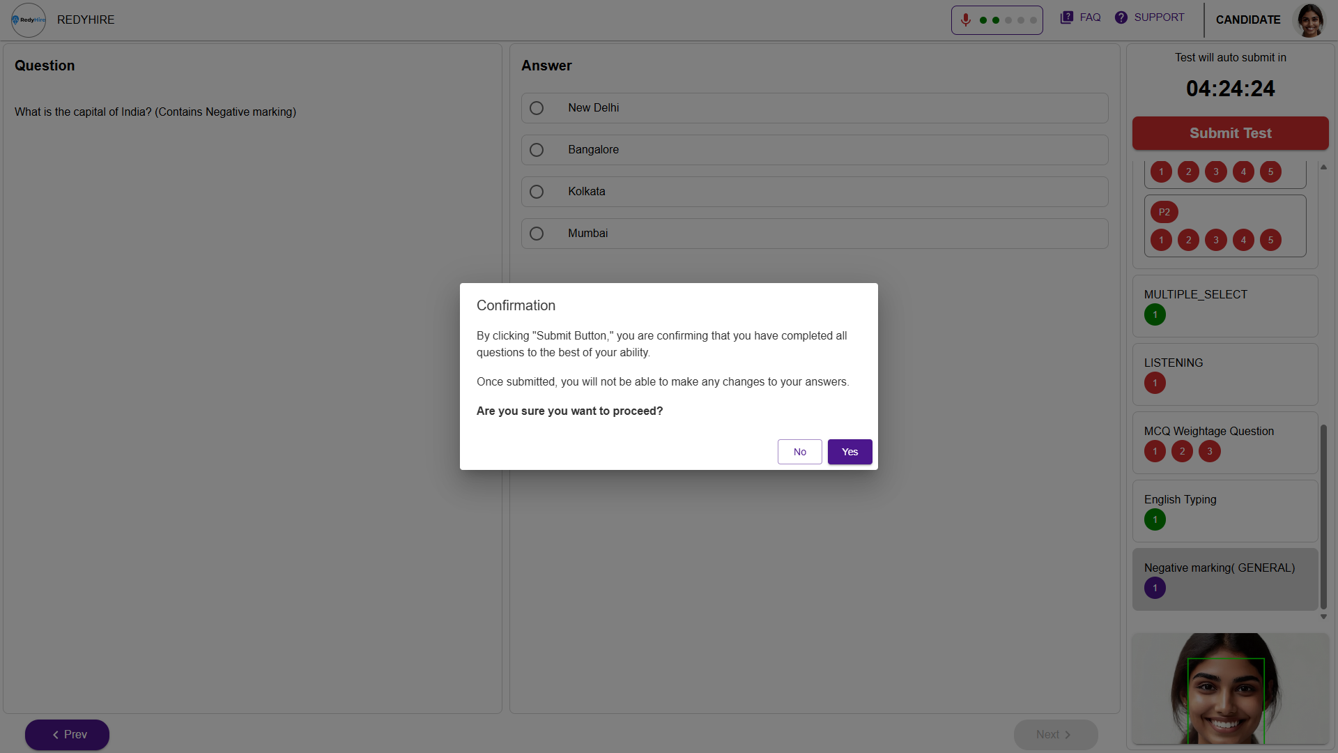 Final assessment confirmation modal asking the candidate to confirm submission.