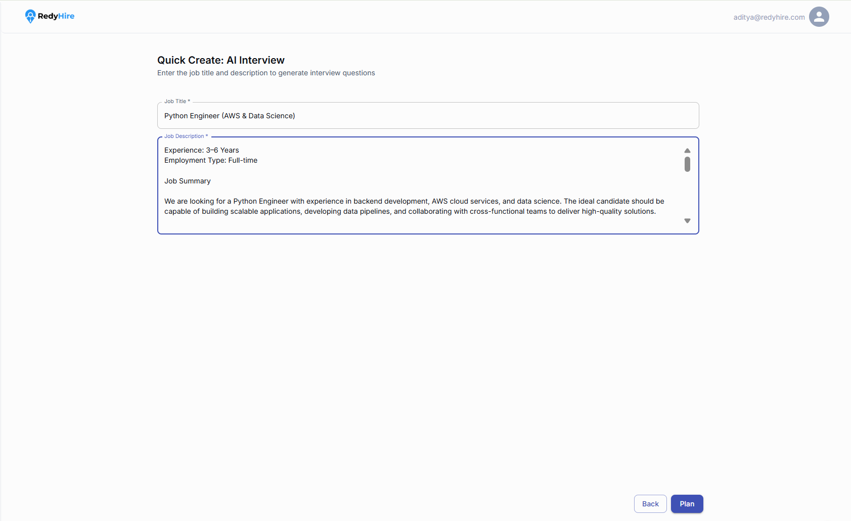 Quick Create AI Interview form with job title and job description fields.