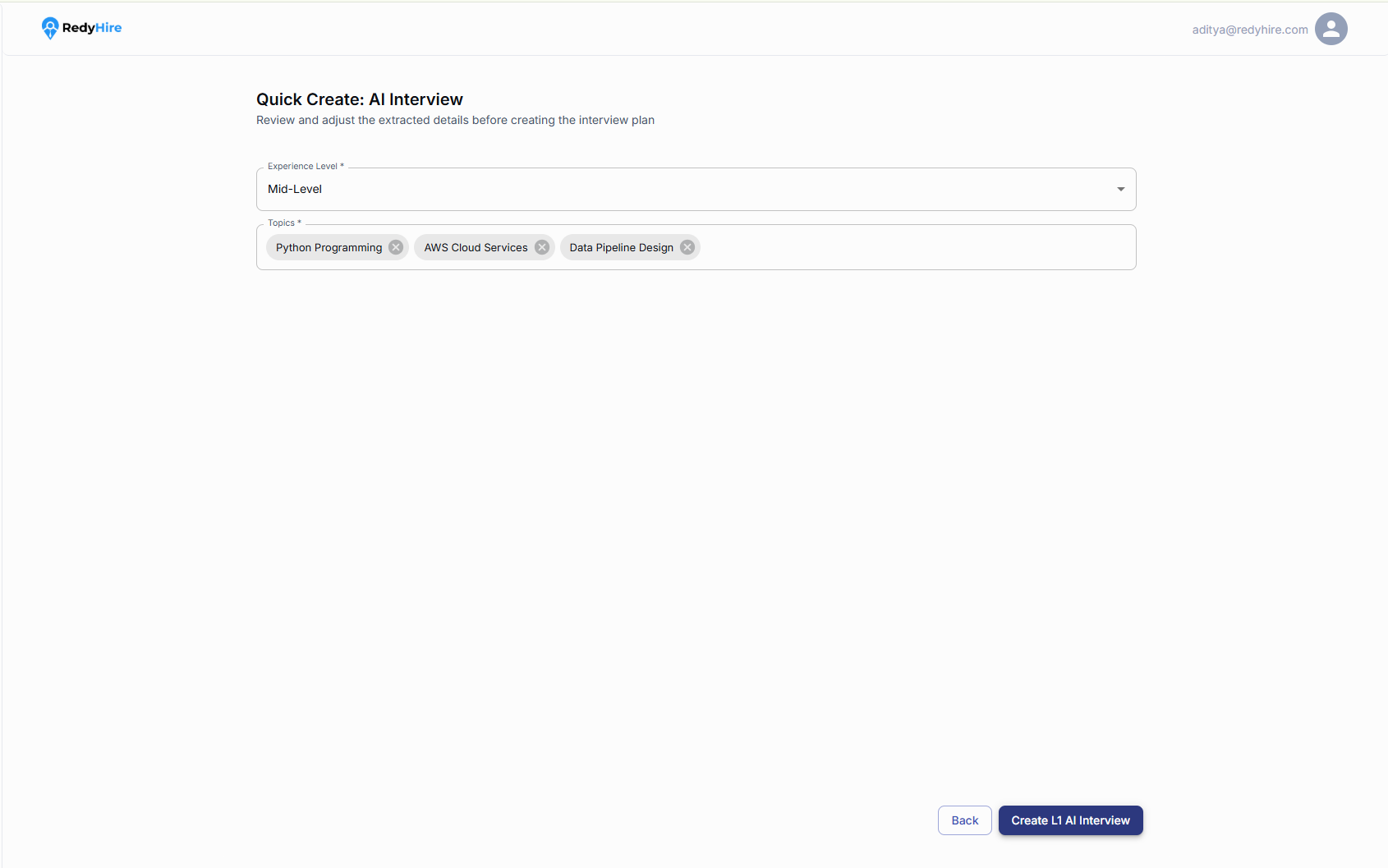 Quick Create plan screen with experience level, topics, and a Create L1 AI Interview button.