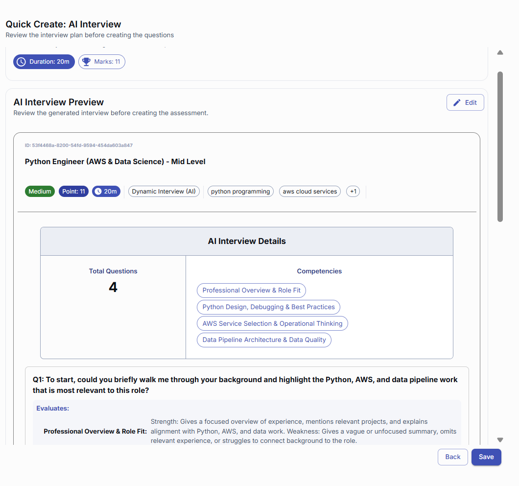 Quick Create AI Interview preview showing duration, competencies, questions, and evaluation guidance.