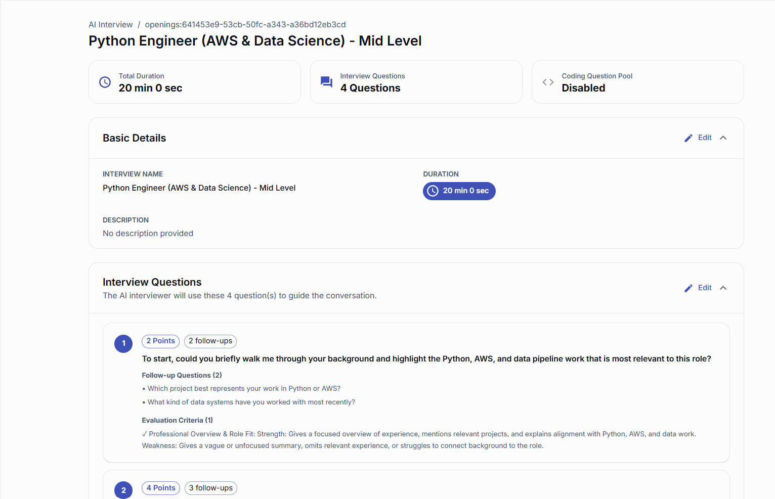 Saved AI Interview detail page showing interview questions and configuration.