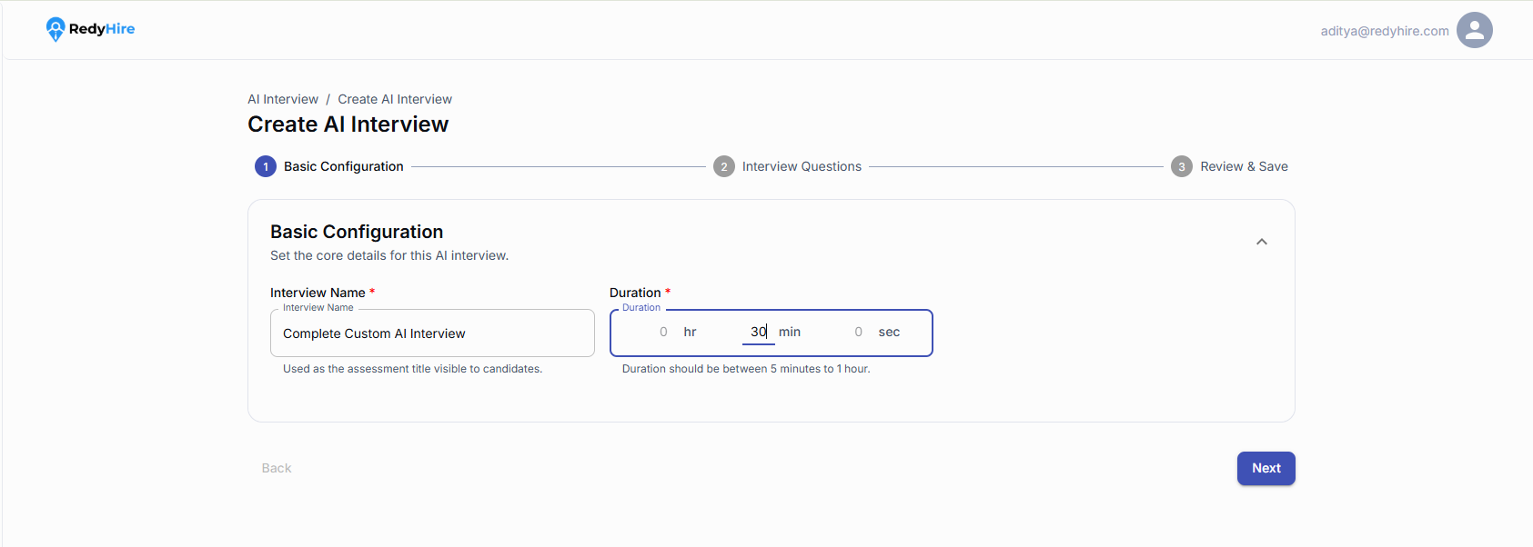 Manual Create AI Interview basic configuration with interview name and duration.