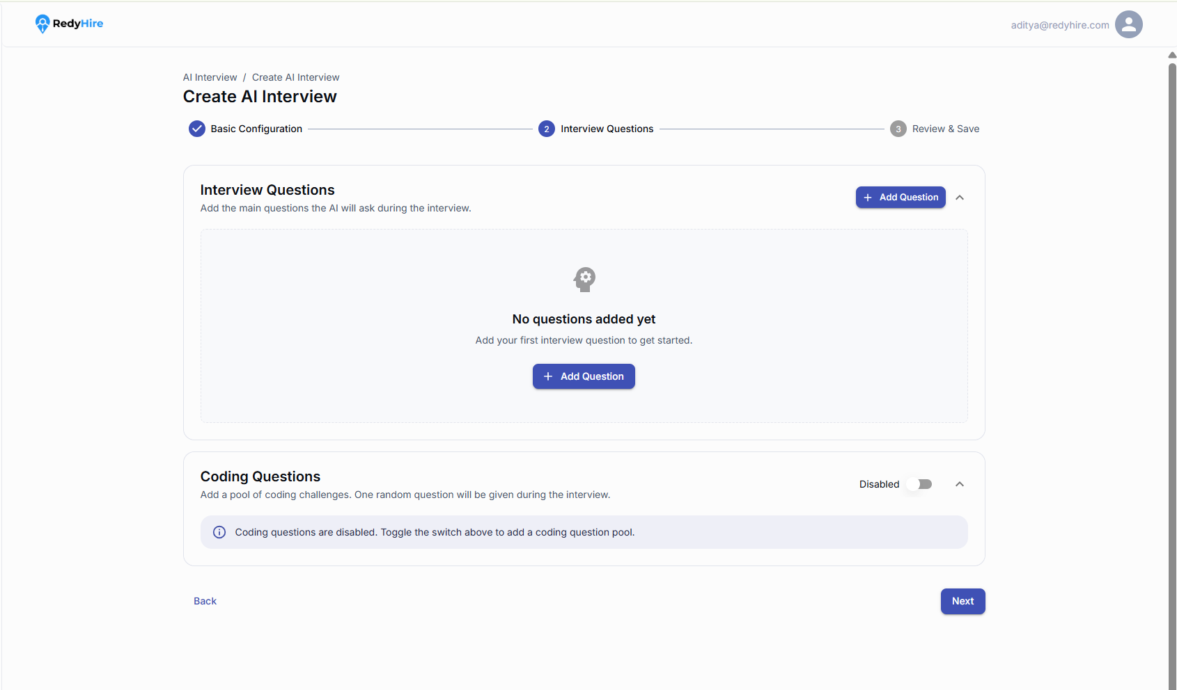 Manual AI Interview questions screen with Add Question and Coding Questions controls.