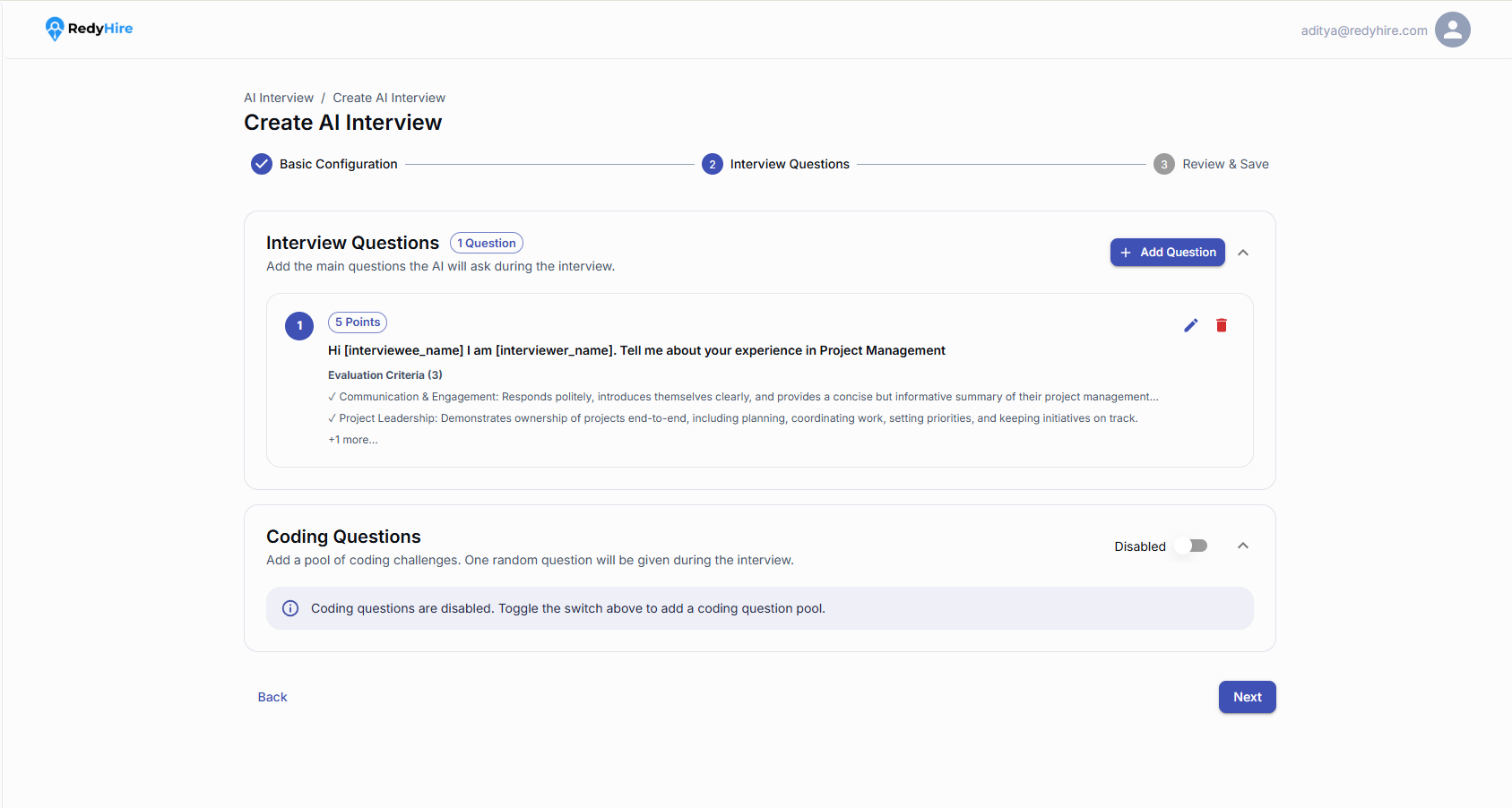 Manual Interview Questions screen showing one added question and disabled coding questions.