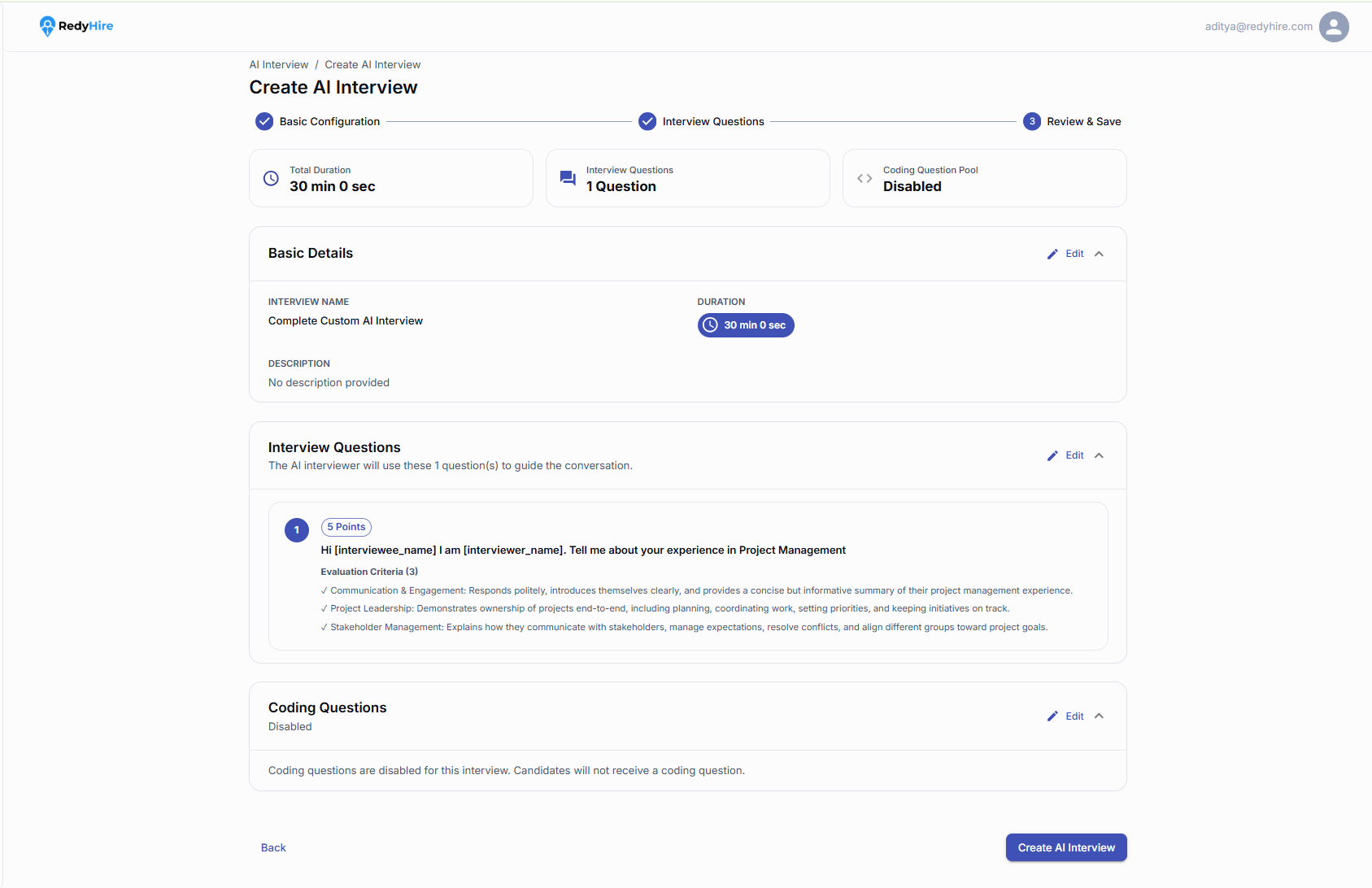 Manual AI Interview review screen with interview details, questions, and Create AI Interview button.