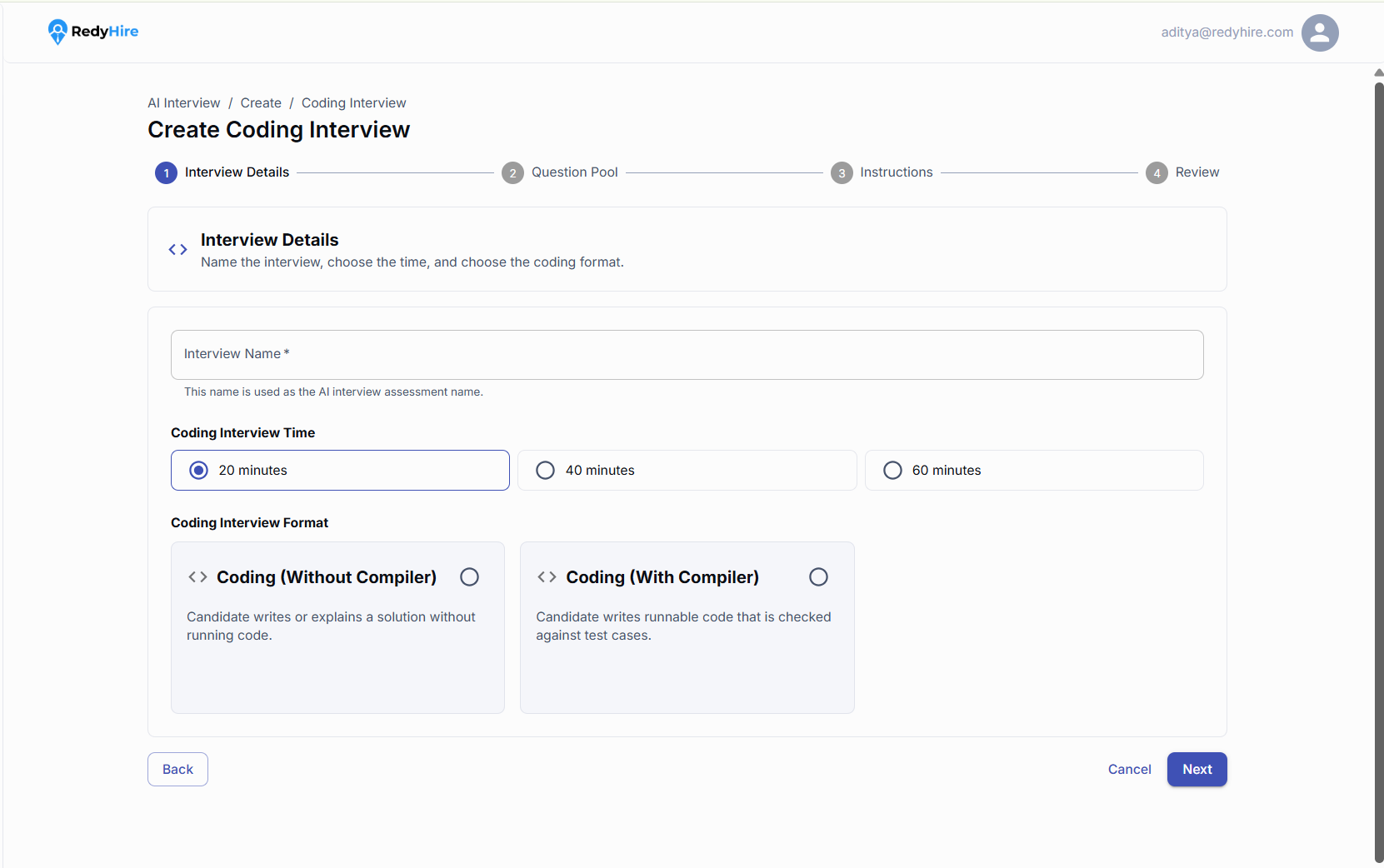 Coding Interview details screen with name, duration, and coding format options.