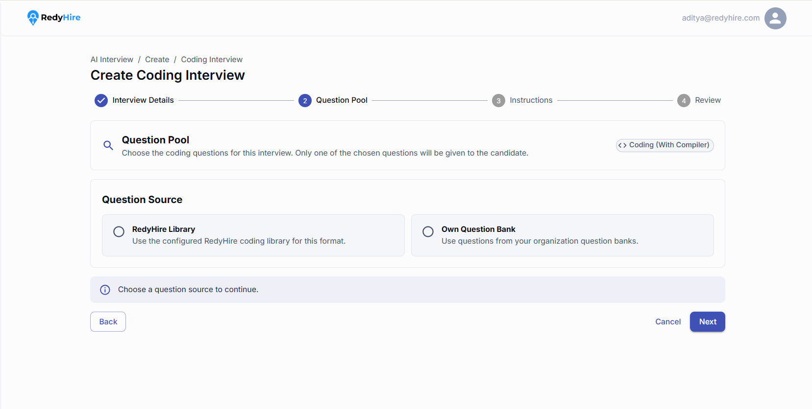 Coding Interview question pool with RedyHire Library and Own Question Bank source options.