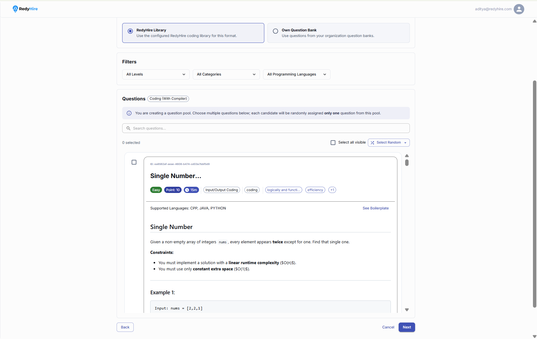 Coding Interview question pool with filters, search, and selectable coding questions.