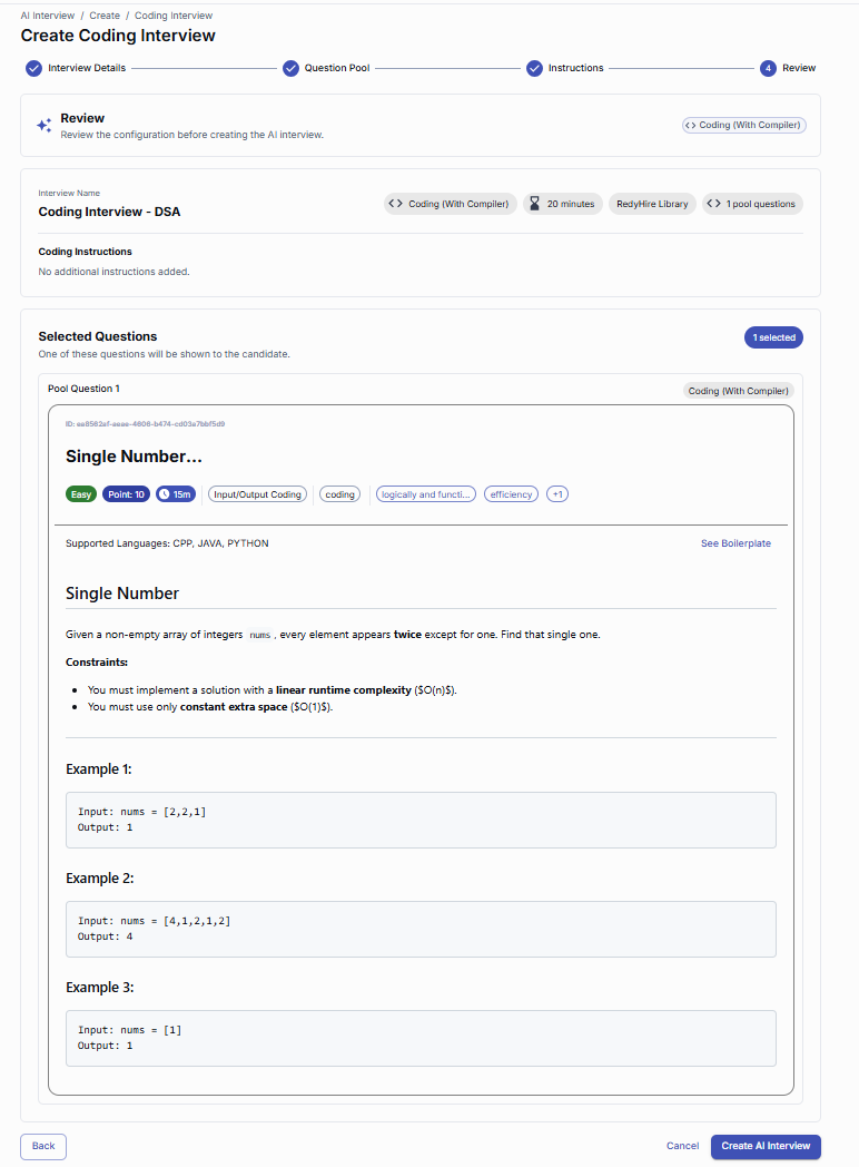 Coding Interview review screen with selected question and Create AI Interview button.