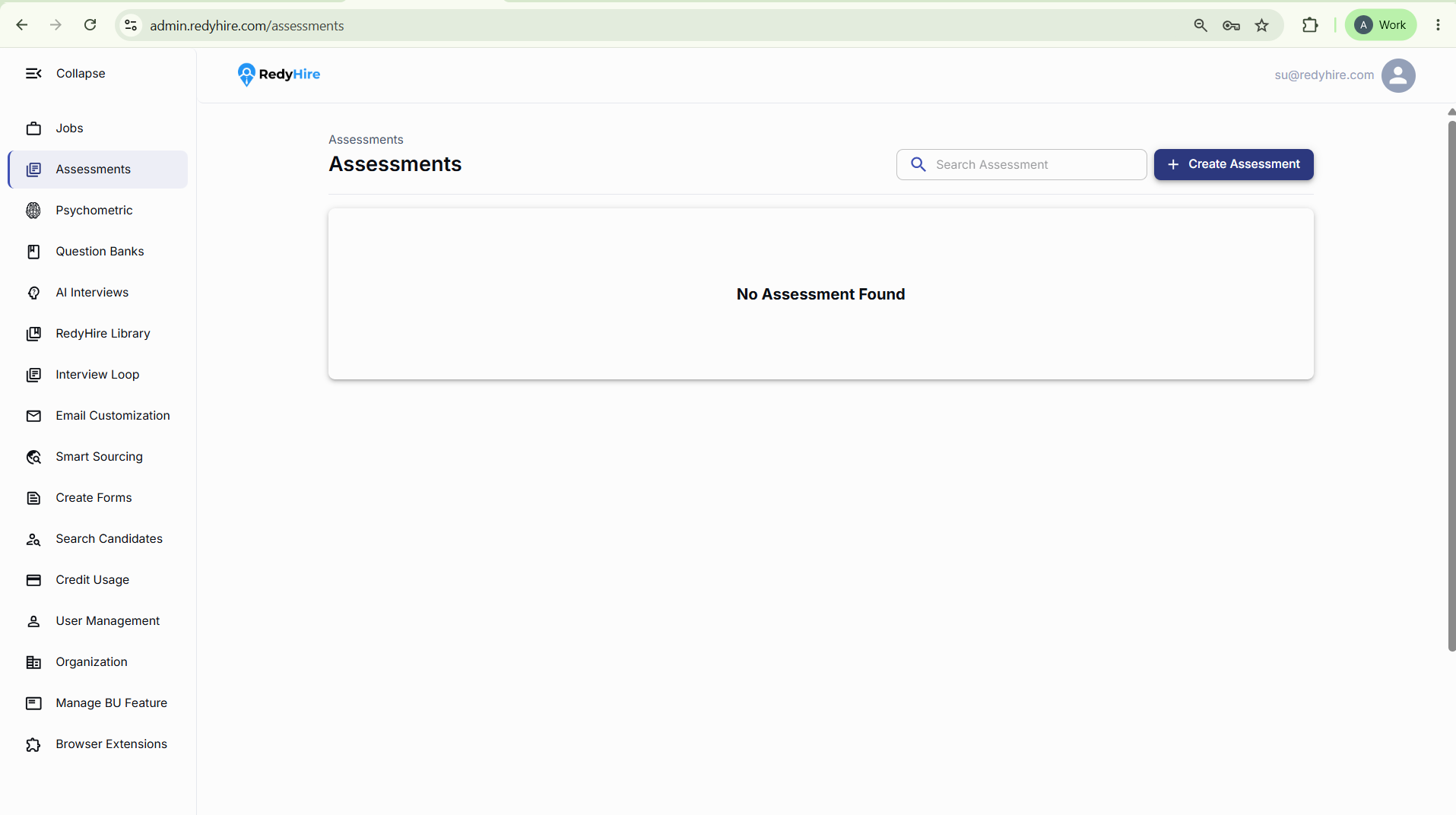 RedyHire Assessments page with the Create Assessment button.