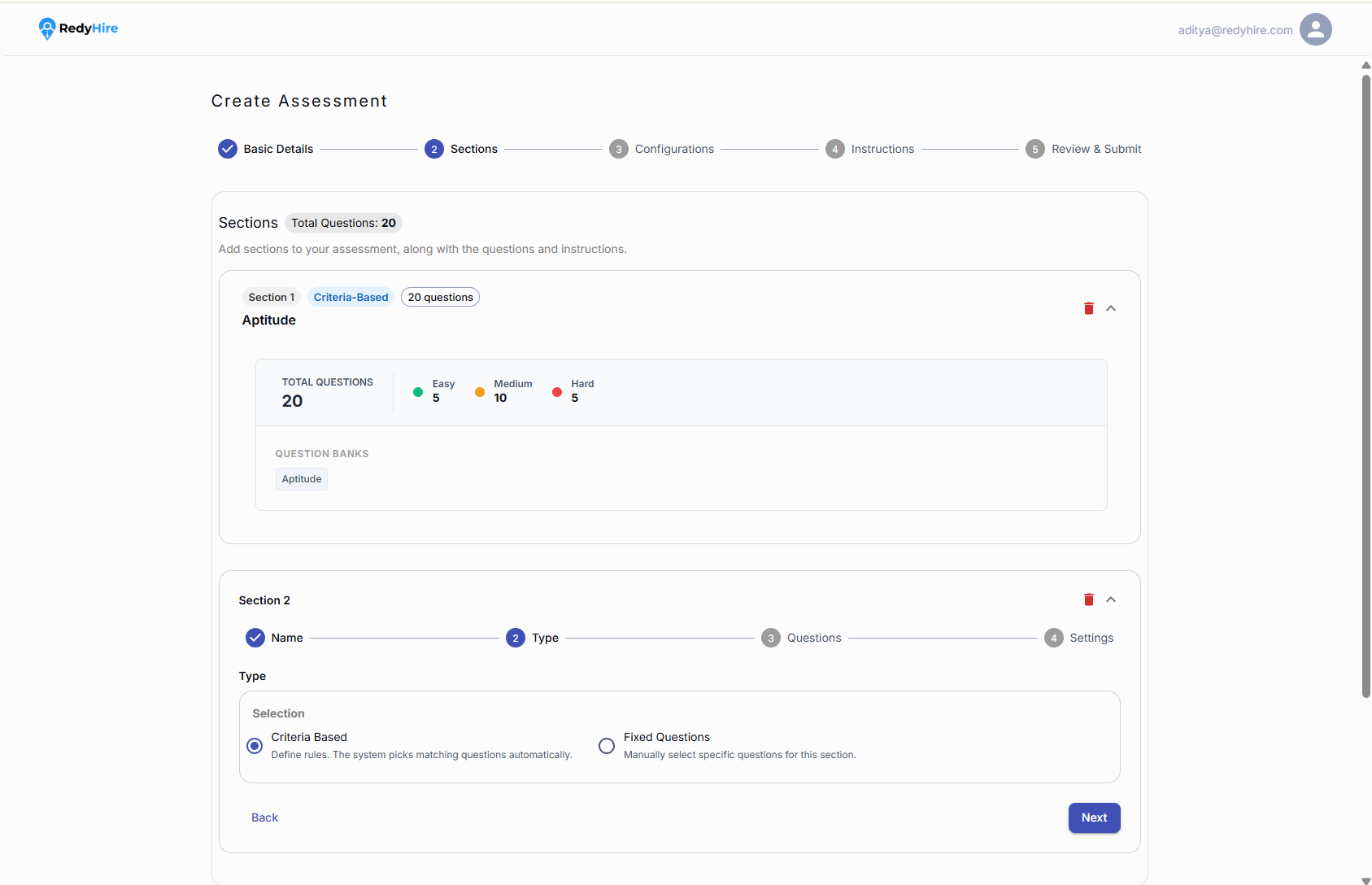 Assessment with a completed first section and a second section ready for configuration.