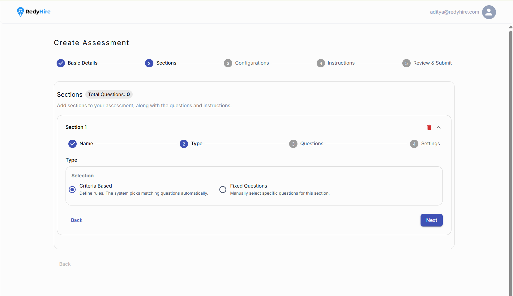 Section question type selection showing Criteria Based and Fixed Questions options.