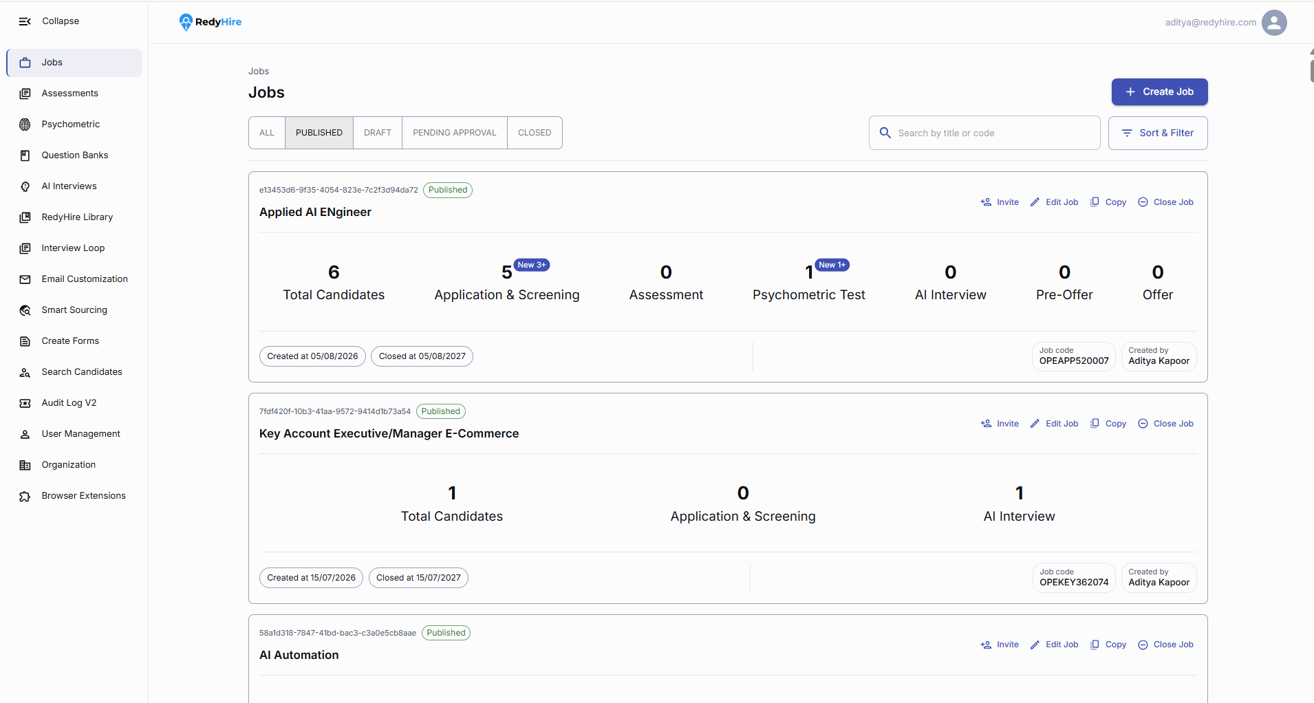 RedyHire Jobs page with the Create Job button.