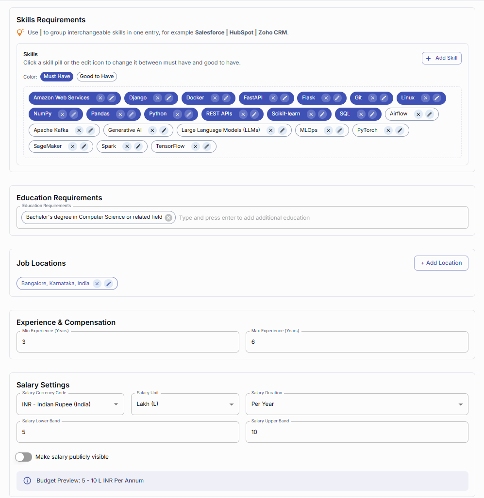 Job requirements screen showing skills, education, location, experience, and salary settings.
